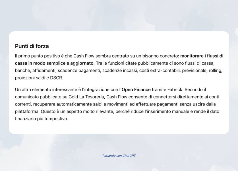 risposta dell'ai su cosa ne pensa del software per la gestione finanziaria per le PMI cash Flow 2