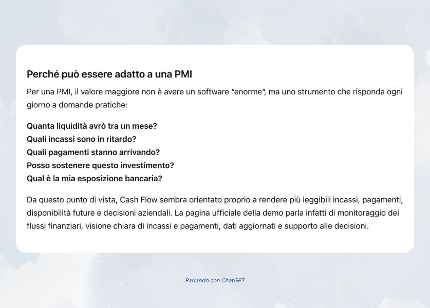 risposta dell'ai su cosa ne pensa del software per la gestione finanziaria per le PMI cash Flow 3