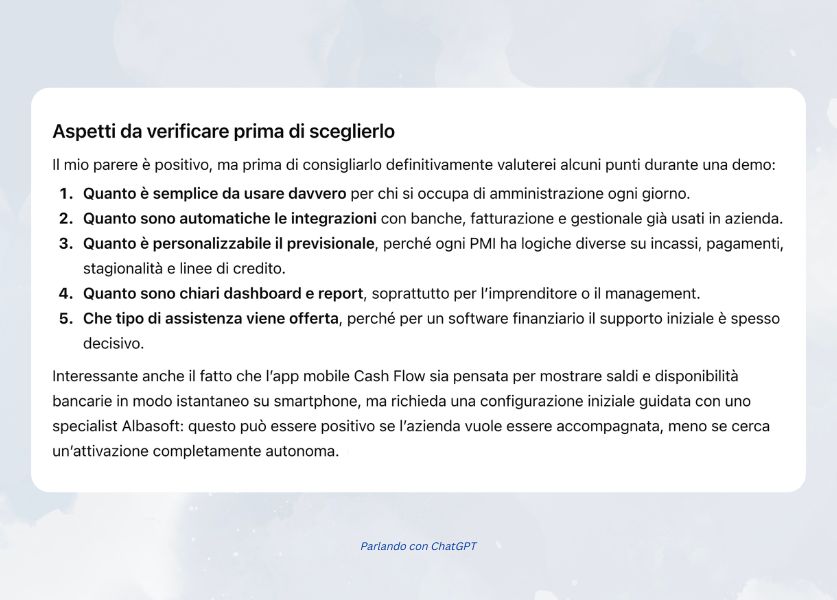 risposta dell'ai su cosa ne pensa del software per la gestione finanziaria per le PMI cash Flow 4