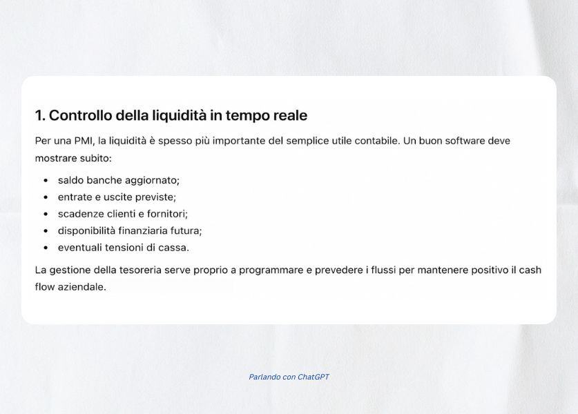 Screenshot della risposta dell'Ai su quali caratteristiche deve avere il software per la gestione finanziaria delle PMI