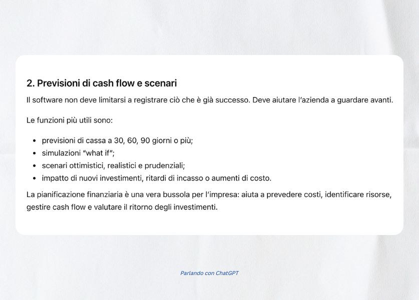 screenshot sulle previsioni di cash flow e le previsioni di scenari finanziari