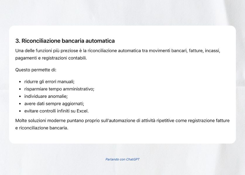 screenshot risposta Ai sulla riconciliazione bancaria automatica che fa il software di gestione finanziaria per PMI